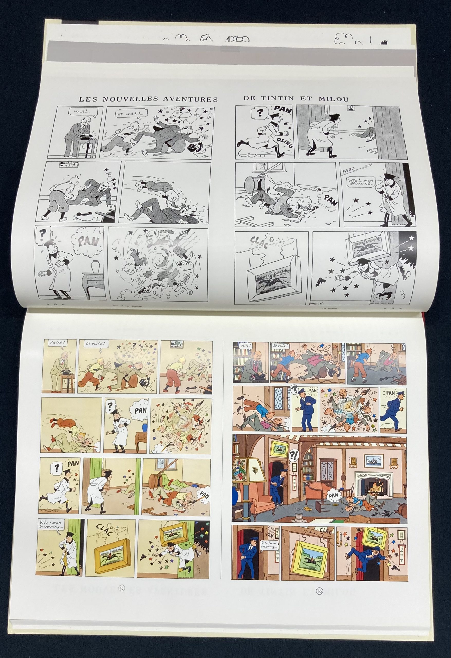 Hergé - (Studios) Tintin et Milou, mise en couleurs à la gouache pour le  bleu accompagnée de son film noir de la case …